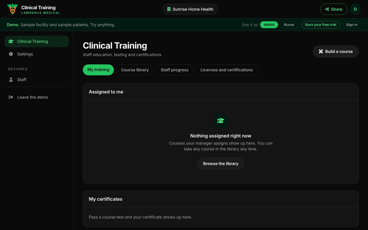 Clinical Training running with a sample home health agency