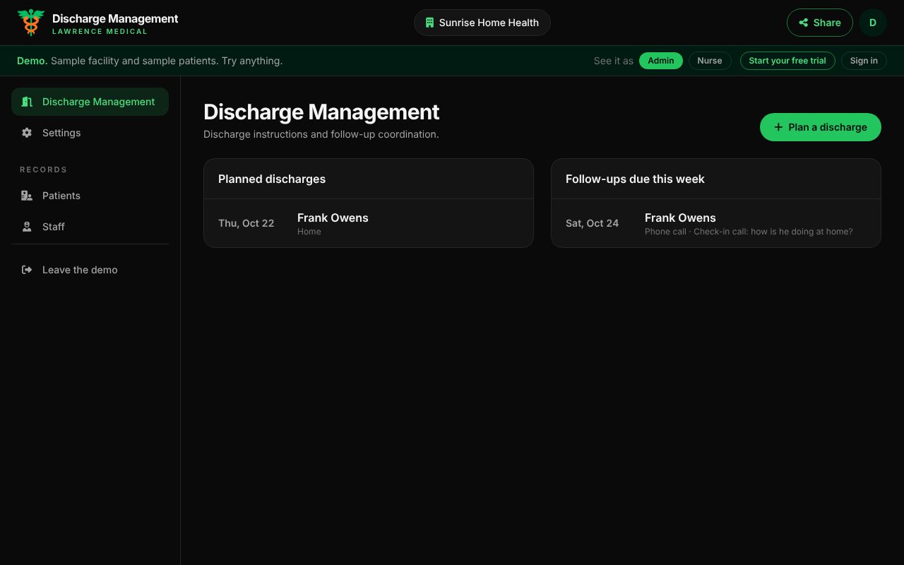 Discharge Management running with a sample home health agency