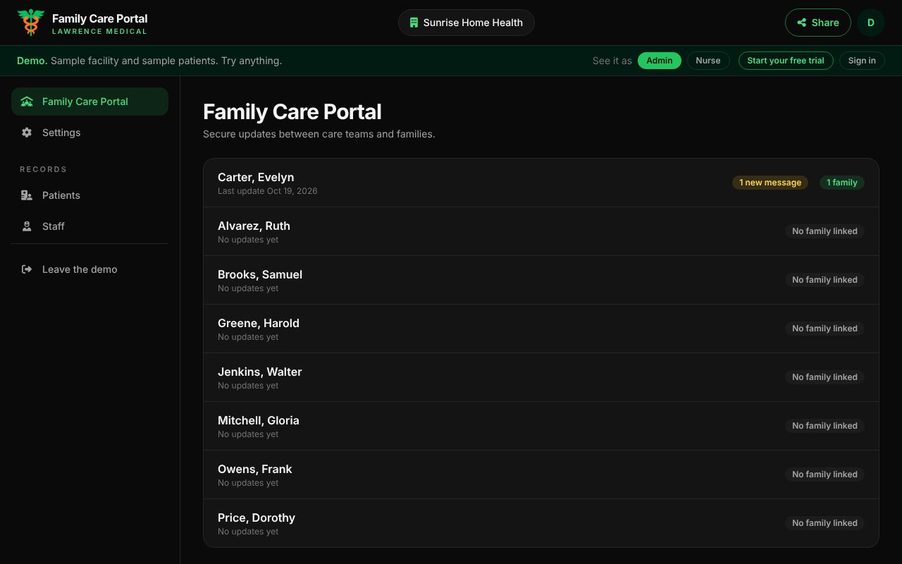 Family Care Portal running with a sample home health agency