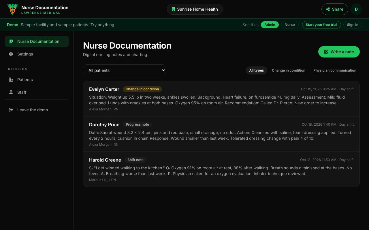 Nurse Documentation running with a sample home health agency