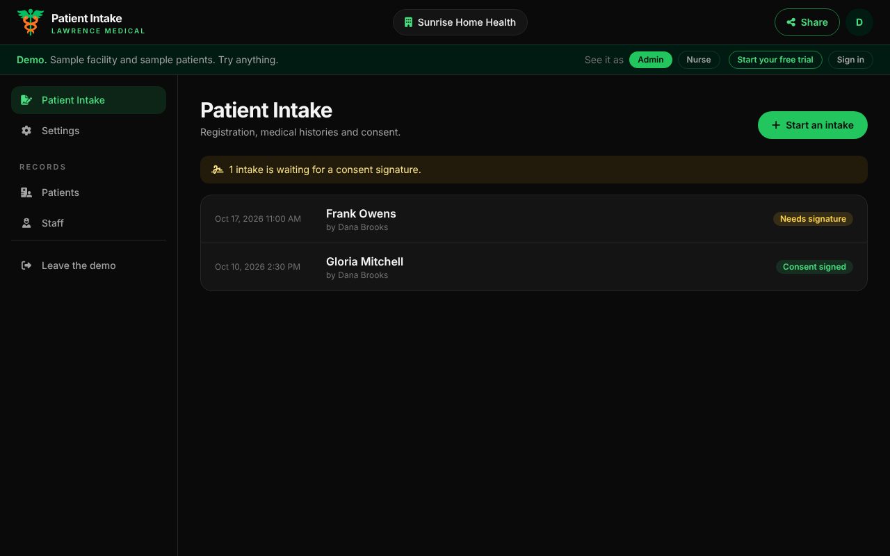 Patient Intake running with a sample home health agency